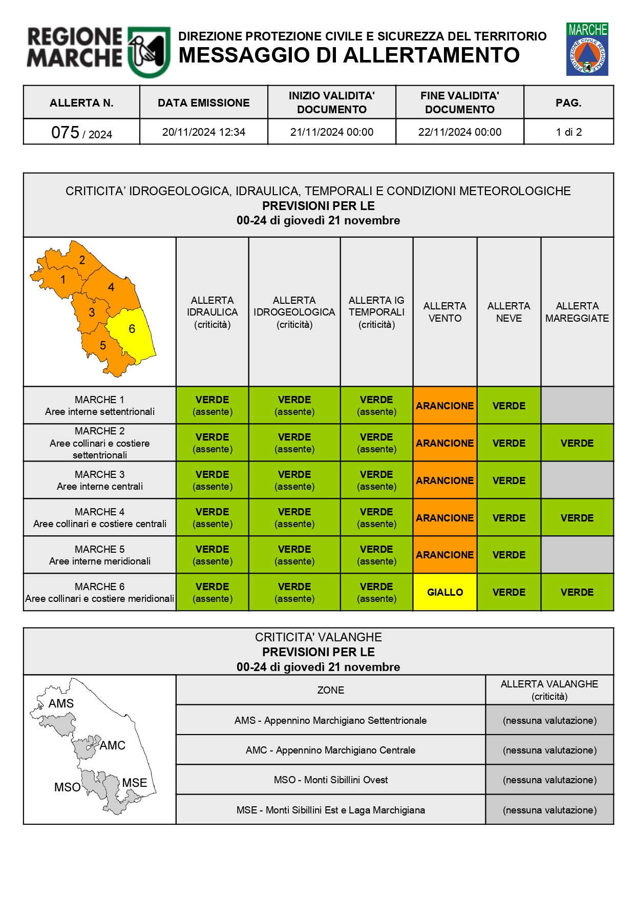 MESSAGGIO ALLERTA METEO n.75/2024 - ALLERTA VENTO FORTE 